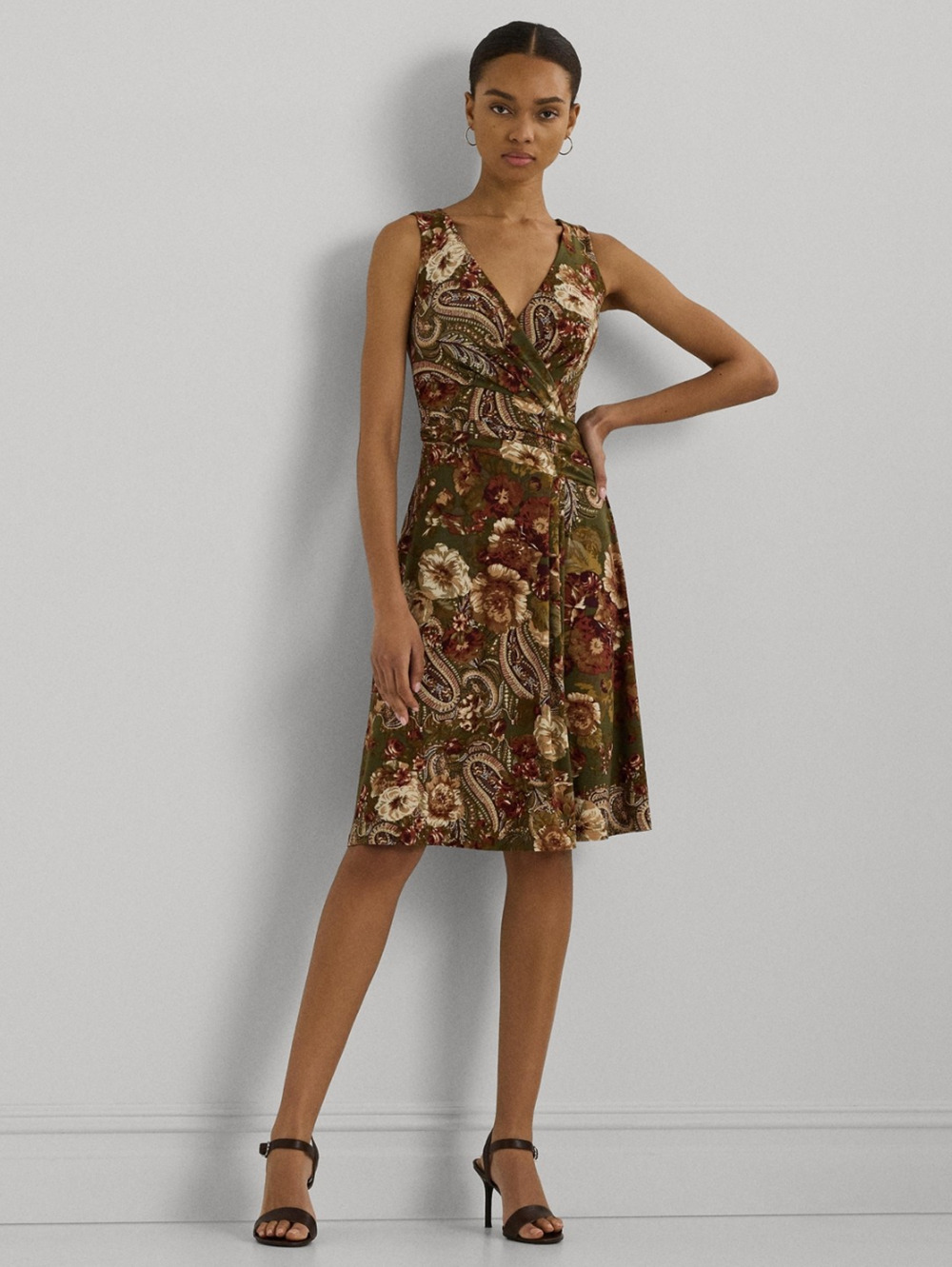 Lauren Ralph Lauren Floral Jersey Sleeveless Surplice Dress Farm Olive Size 8